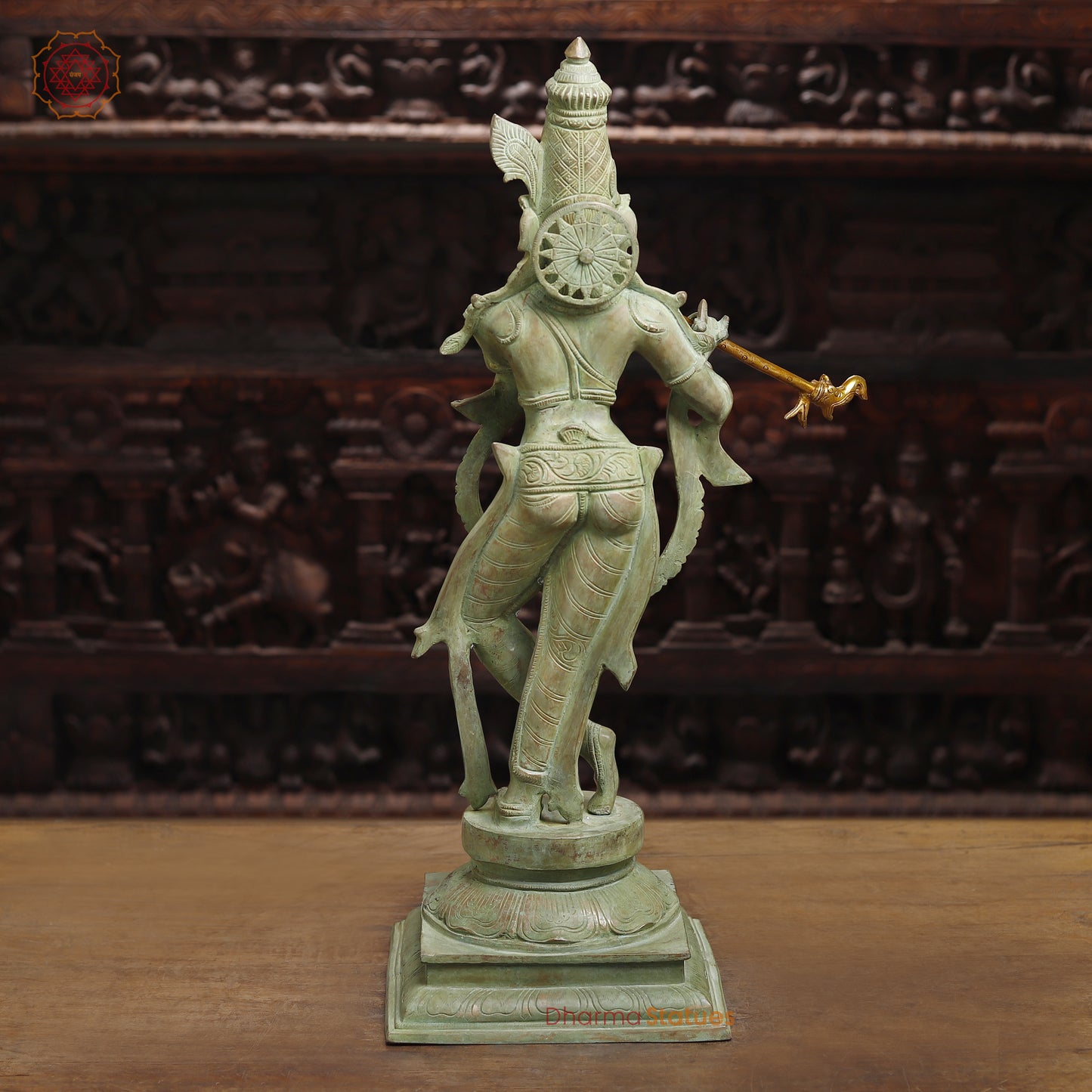 Brass Krishna Playing Flute, Antique Green Finish, 28.5"