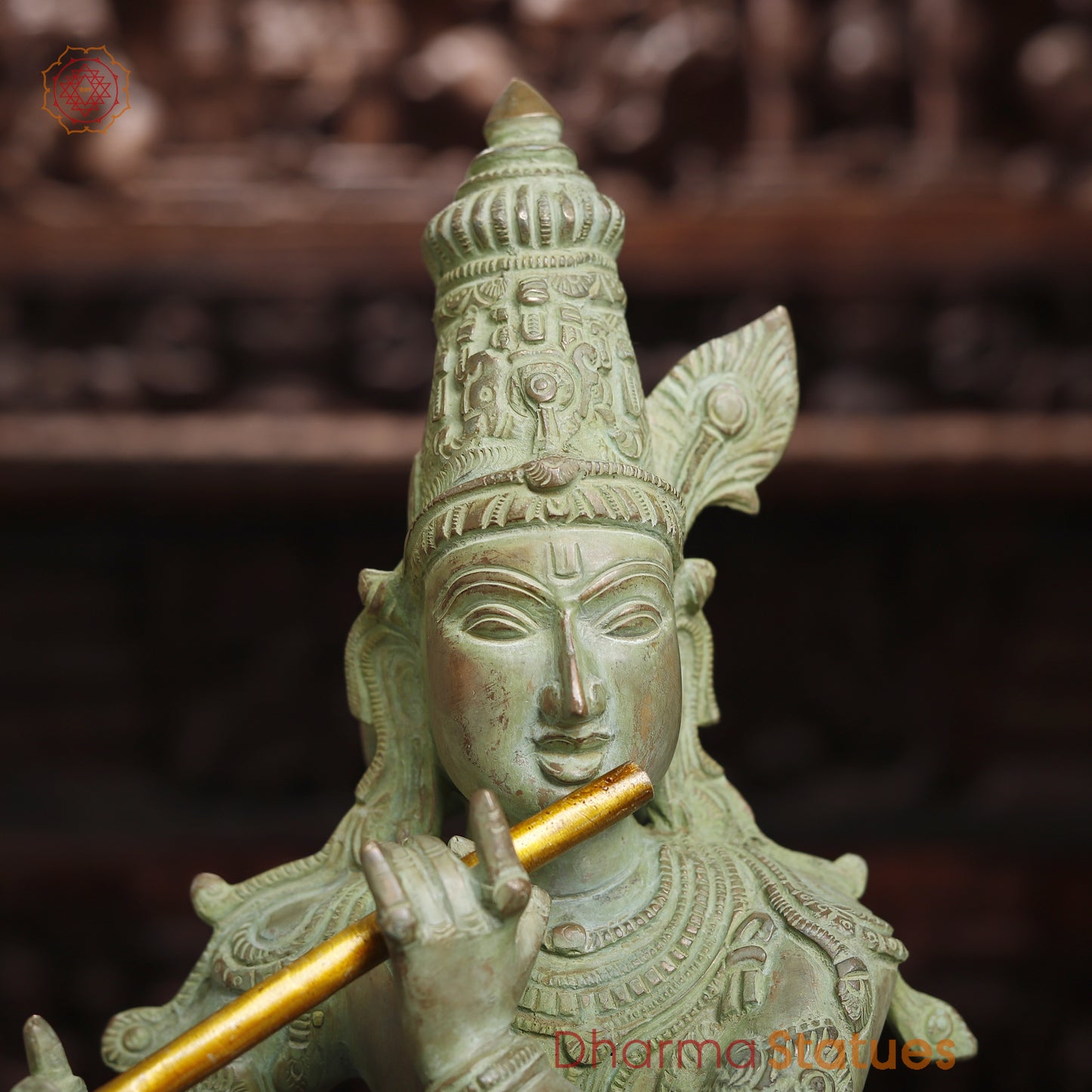Brass Krishna Playing Flute, Antique Green Finish, 28.5"