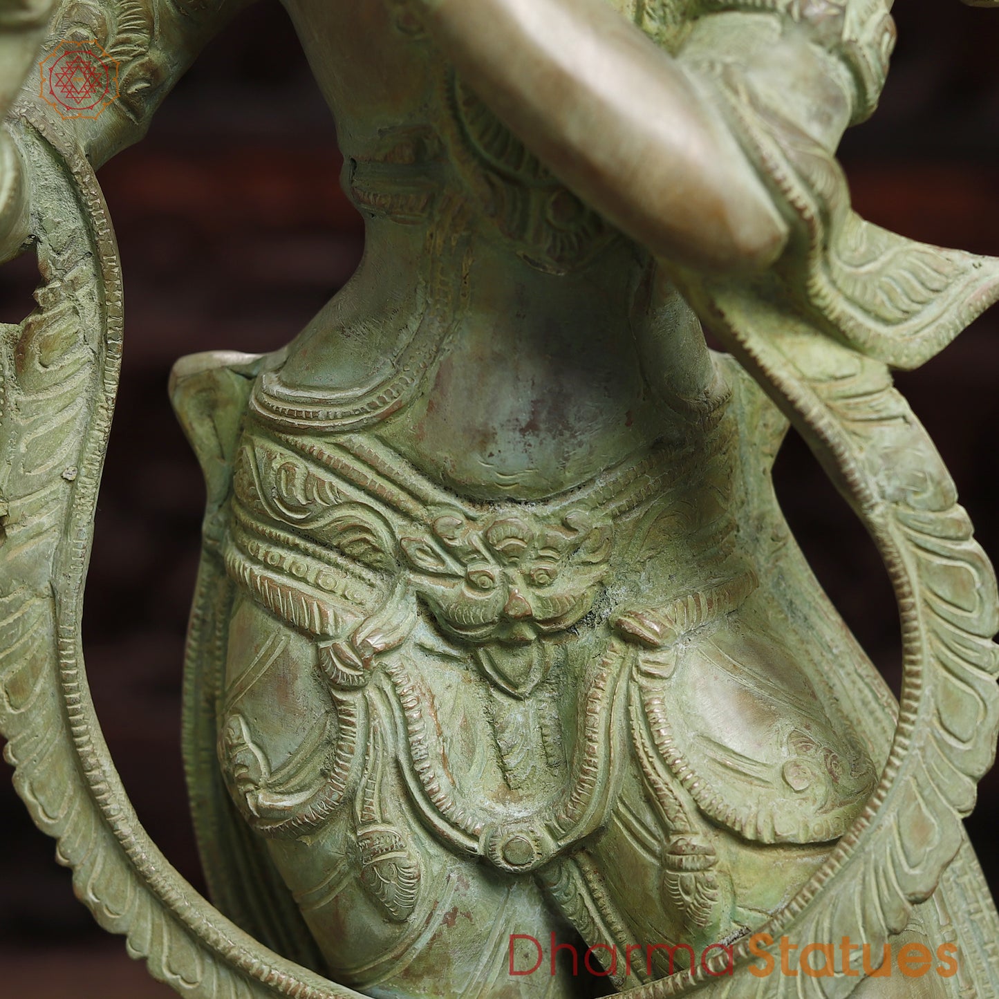 Brass Krishna Playing Flute, Antique Green Finish, 28.5"