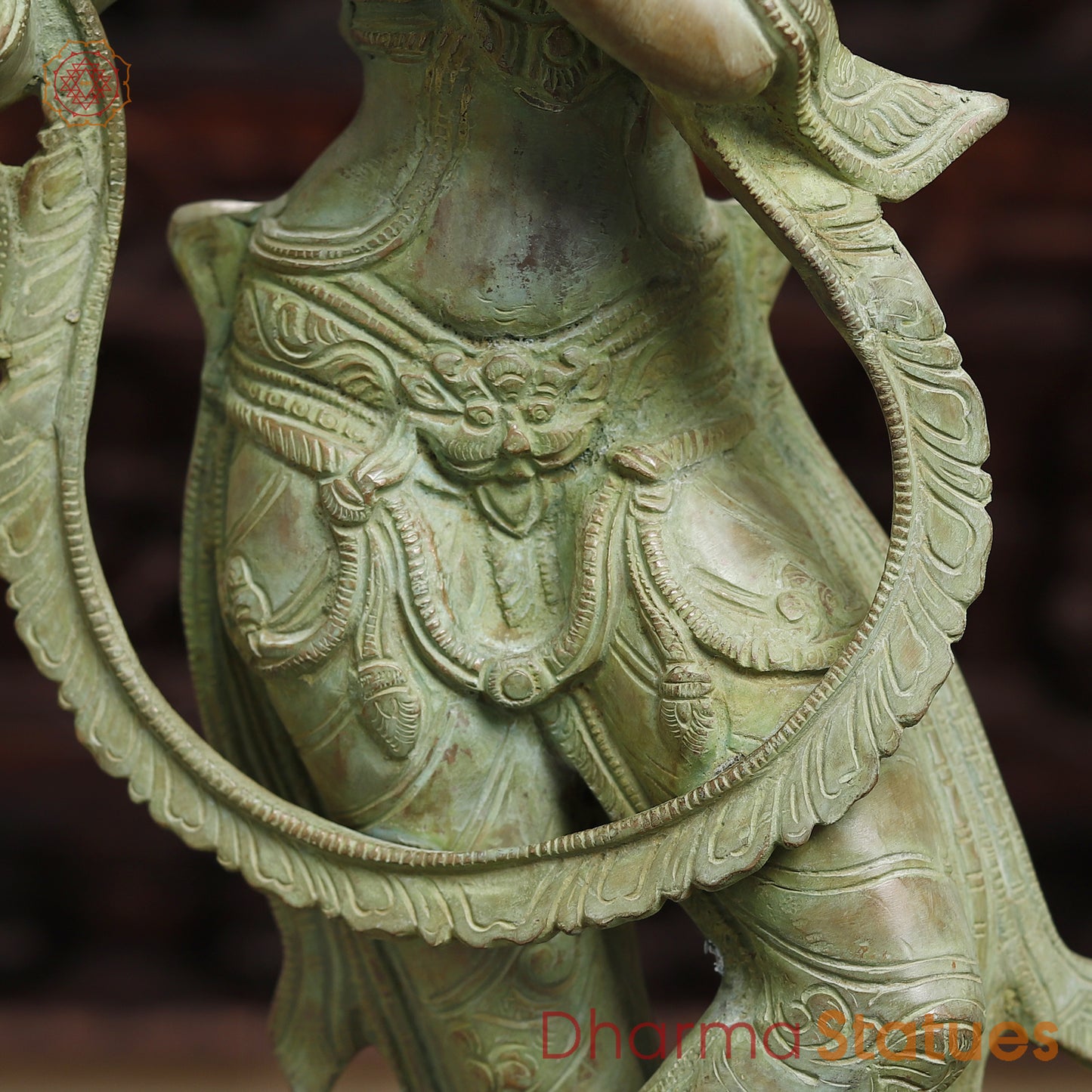 Brass Krishna Playing Flute, Antique Green Finish, 28.5"