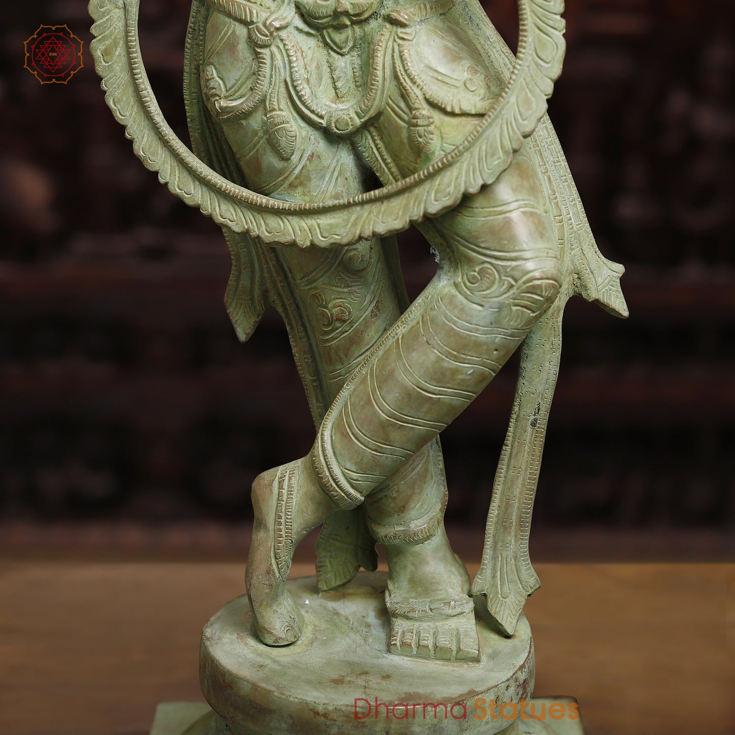 Brass Krishna Playing Flute, Antique Green Finish, 28.5"