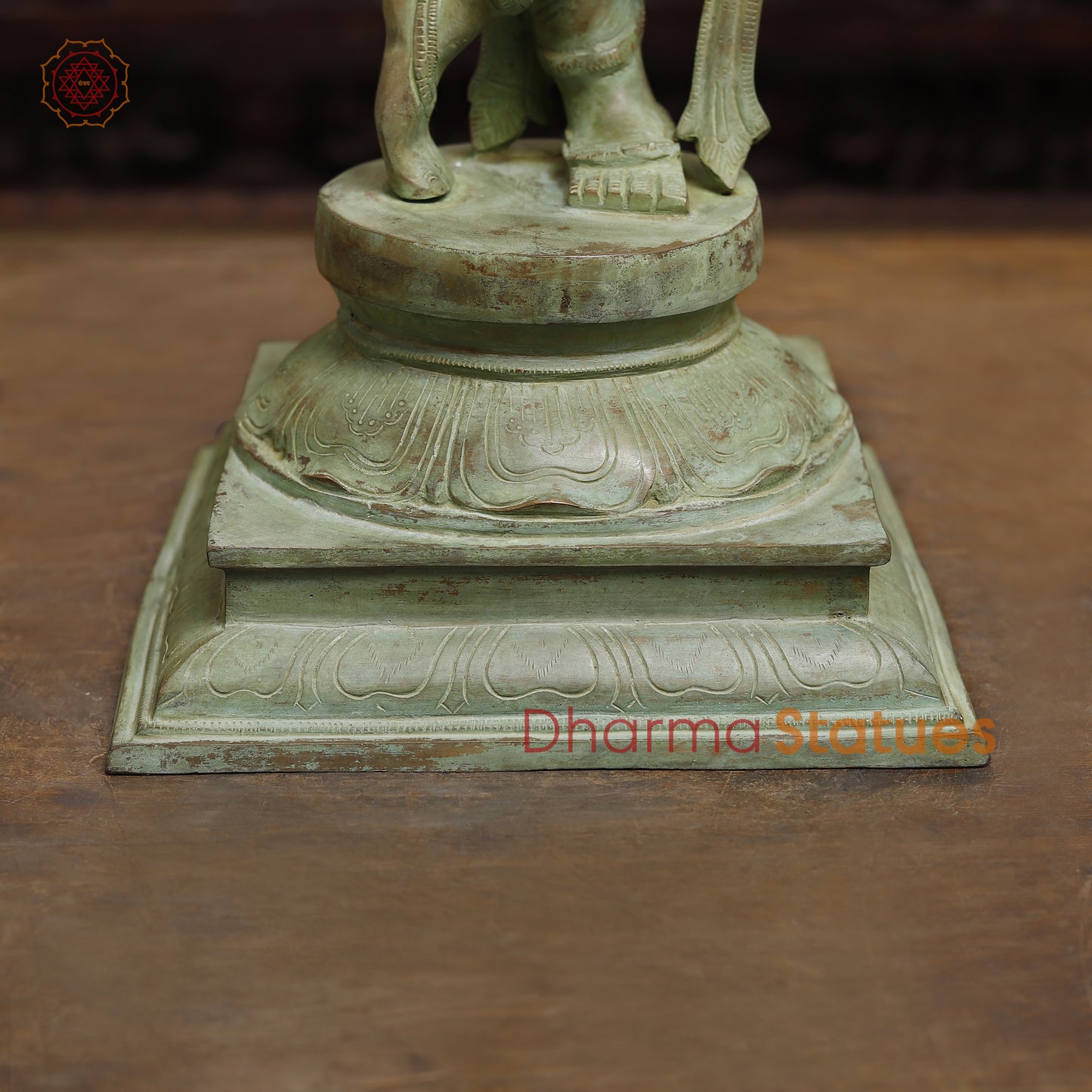 Brass Krishna Playing Flute, Antique Green Finish, 28.5"