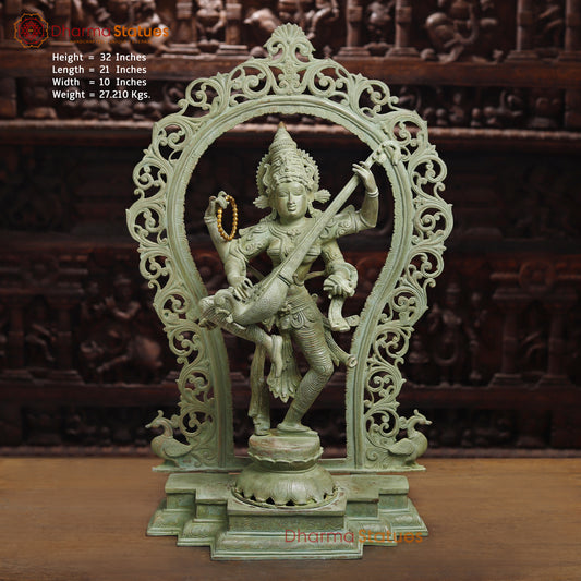 Brass Dancing Saraswati with Frame, Antique Green Finish, 32"