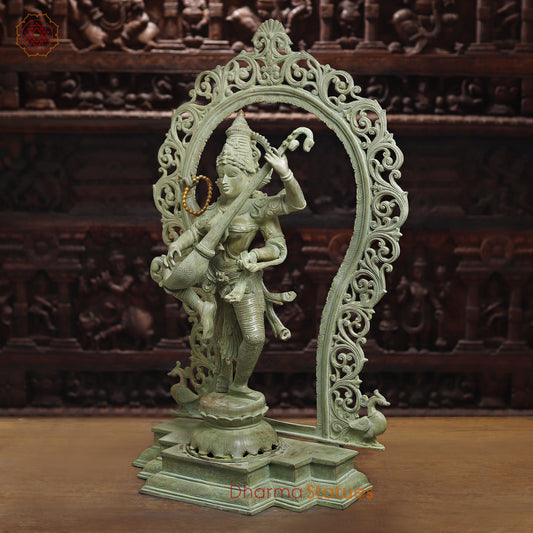 Brass Dancing Saraswati with Frame, Antique Green Finish, 32"