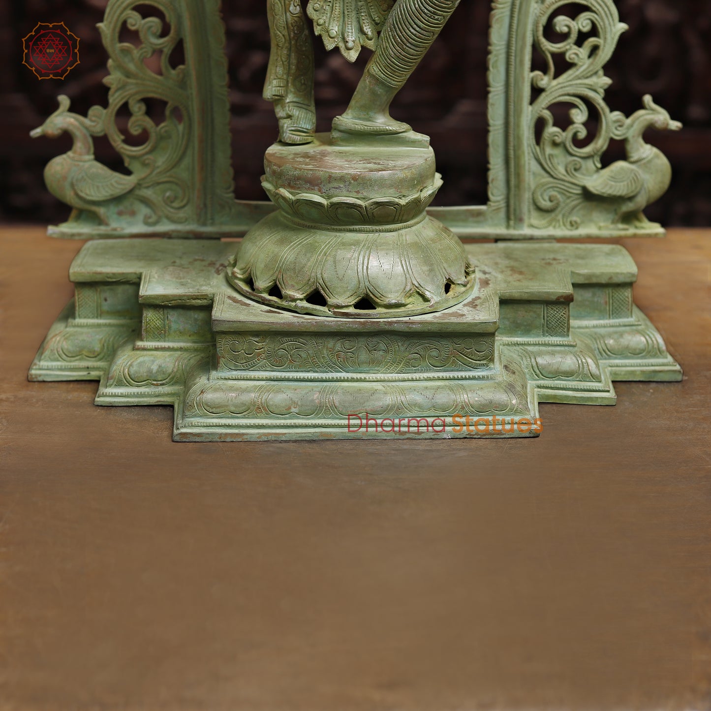 Brass Dancing Saraswati with Frame, Antique Green Finish, 32"