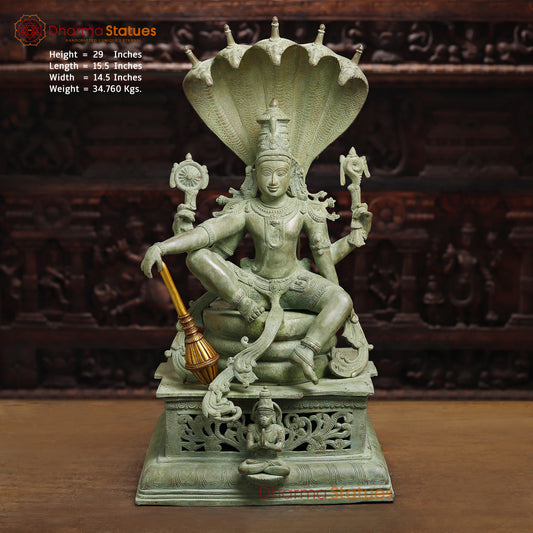 Brass  Maha Abhishekam Vishnu Seated On Snake Throne, Antique Green Finish, 29"