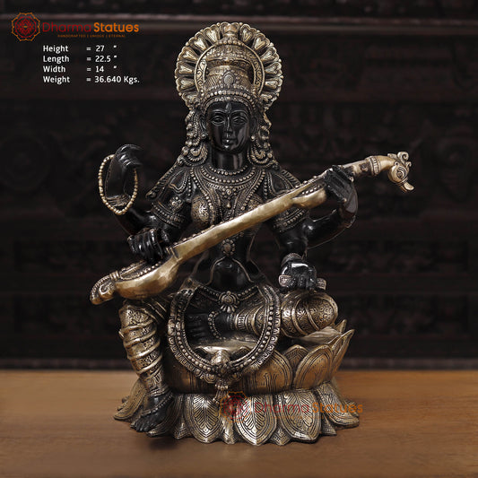 Brass Saraswati Idol, Seated on a Lotus Flower, Black Patina with Golden Finish, 27"