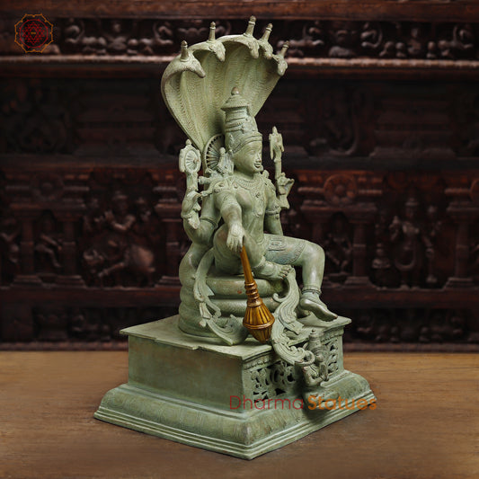 Brass  Maha Abhishekam Vishnu Seated On Snake Throne, Antique Green Finish, 29"
