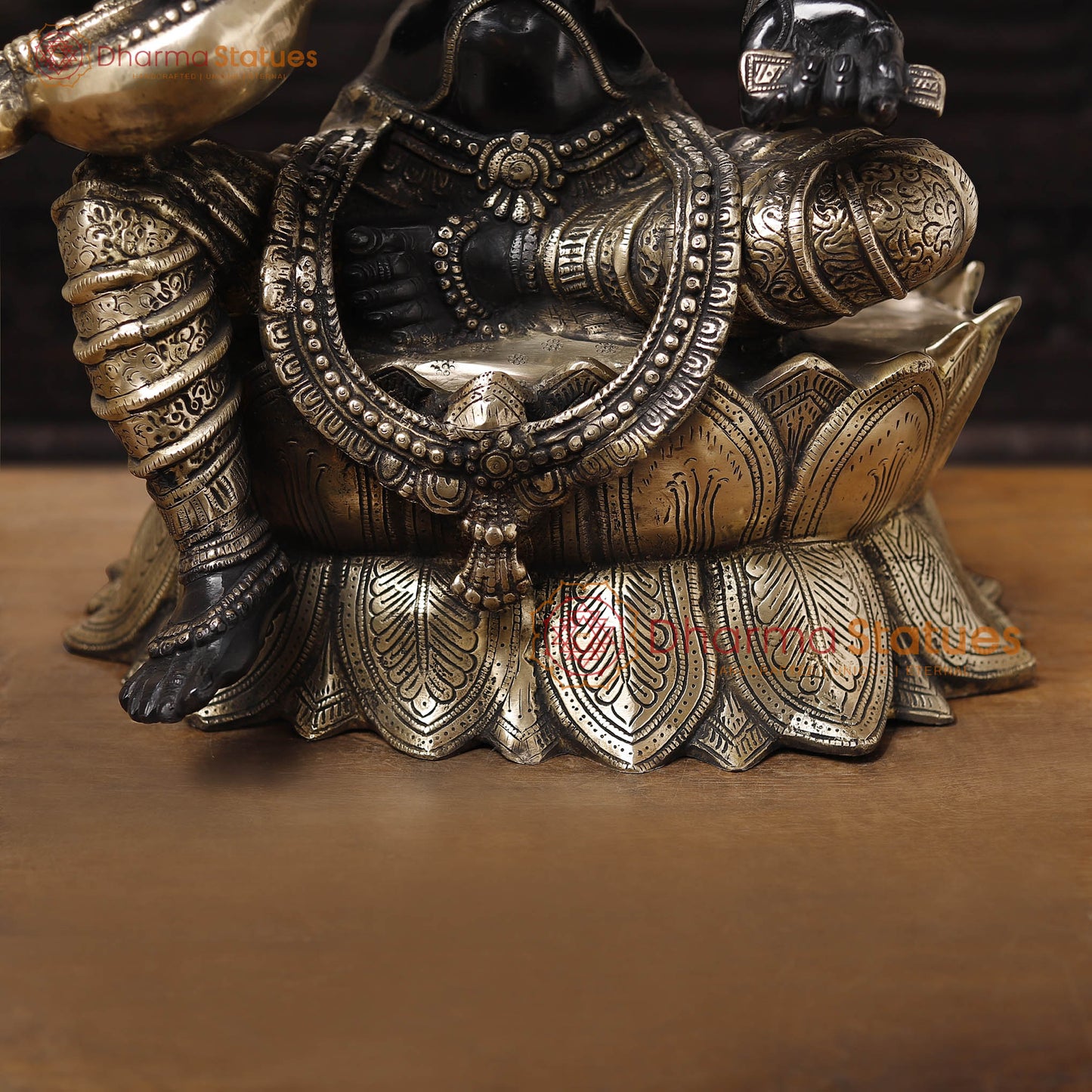 Brass Saraswati Idol, Seated on a Lotus Flower, Black Patina with Golden Finish, 27"