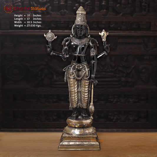 Brass Vishnu Idol, Divine Craftsmanship, Black Patina with Gold Finish, 37"