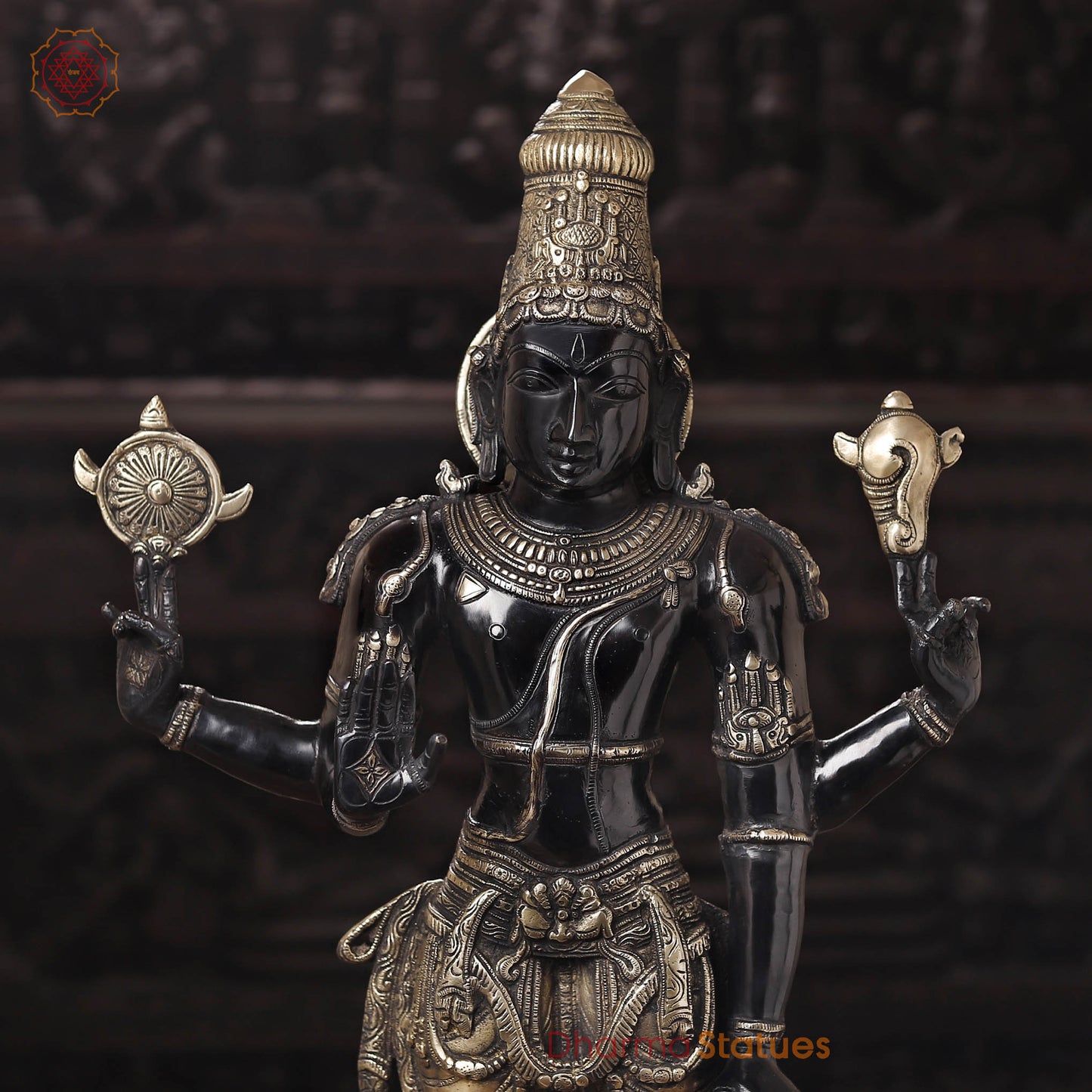 Brass Vishnu Idol, Divine Craftsmanship, Black Patina with Gold Finish, 37"