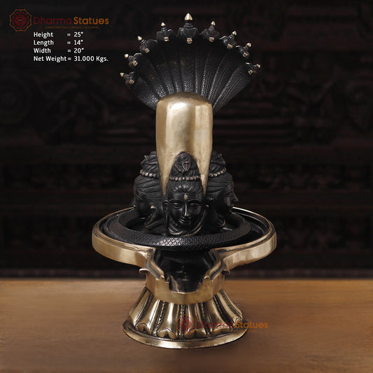 Brass Shiv Lingam Idol with Vasuki and Shiva's Face, Divine Triad, Black Patina, 25"