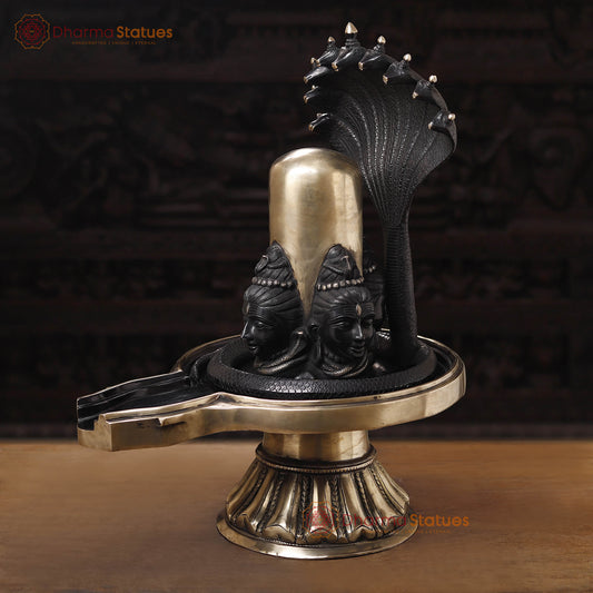 Brass Shiv Lingam Idol with Vasuki and Shiva's Face, Divine Triad, Black Patina, 25"