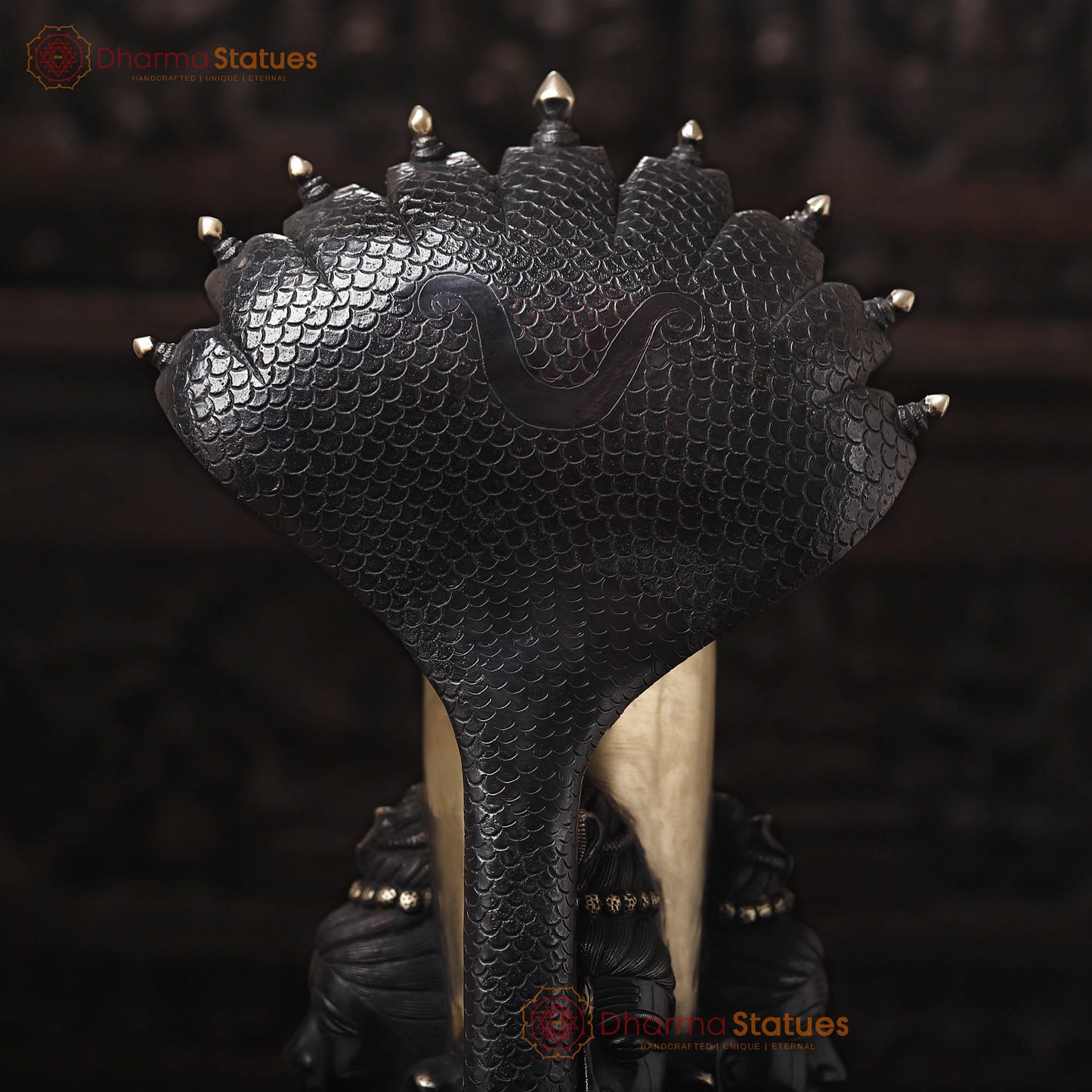 Brass Shiv Lingam Idol with Vasuki and Shiva's Face, Divine Triad, Black Patina, 25"