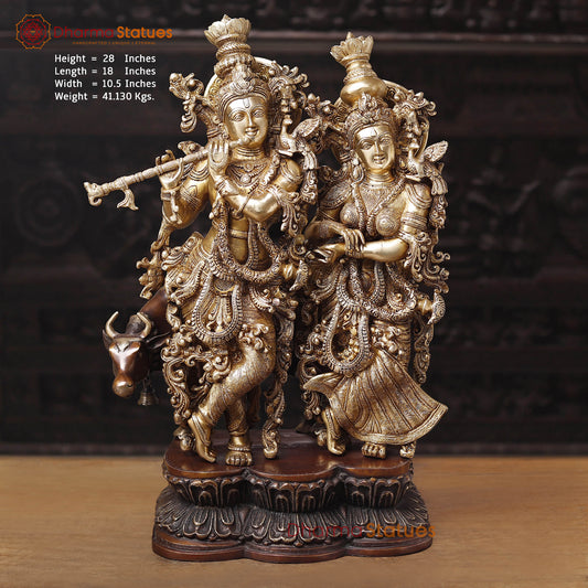 Brass Radha Krishna with Cow, Dance with Playing Flute. 28" Front View