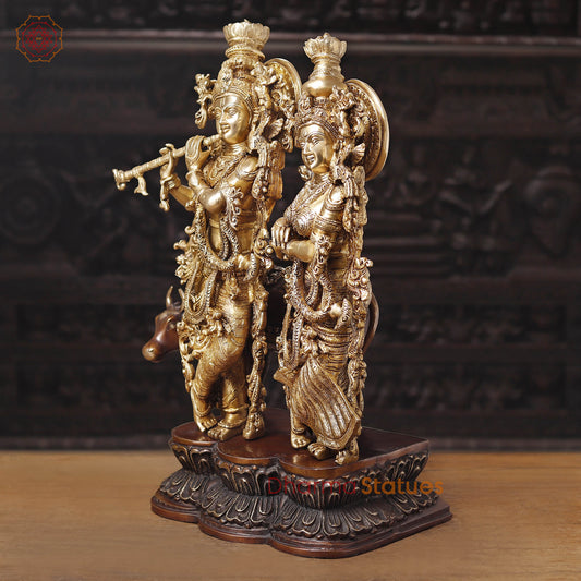 Brass Radha Krishna Idol with Cow, Playing Flute, Golden Finish with Copper Accents, 28"