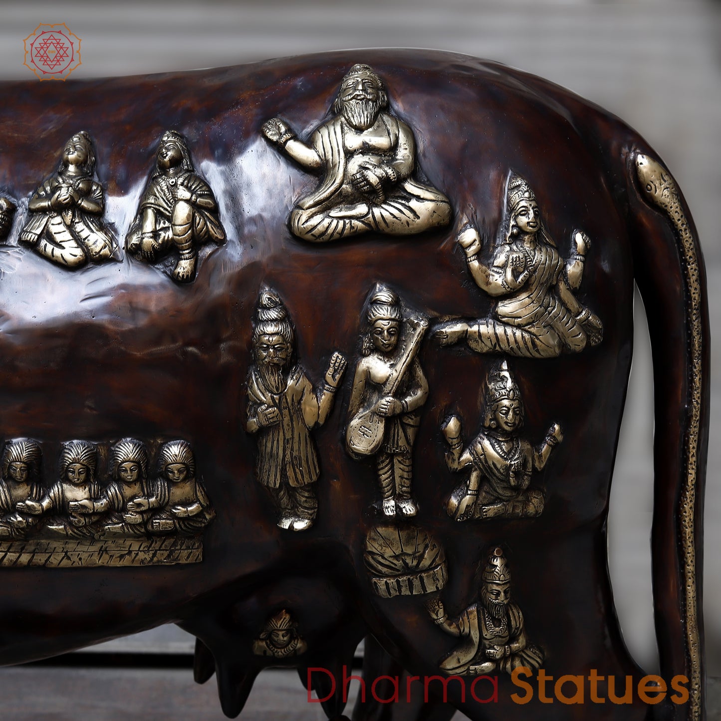 Brass Kamadhenu Cow with Calf, Copper & Golden Finish, 50"