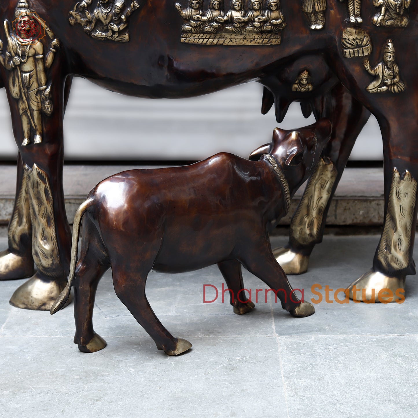 Brass Kamadhenu Cow with Calf, Copper & Golden Finish, 50"