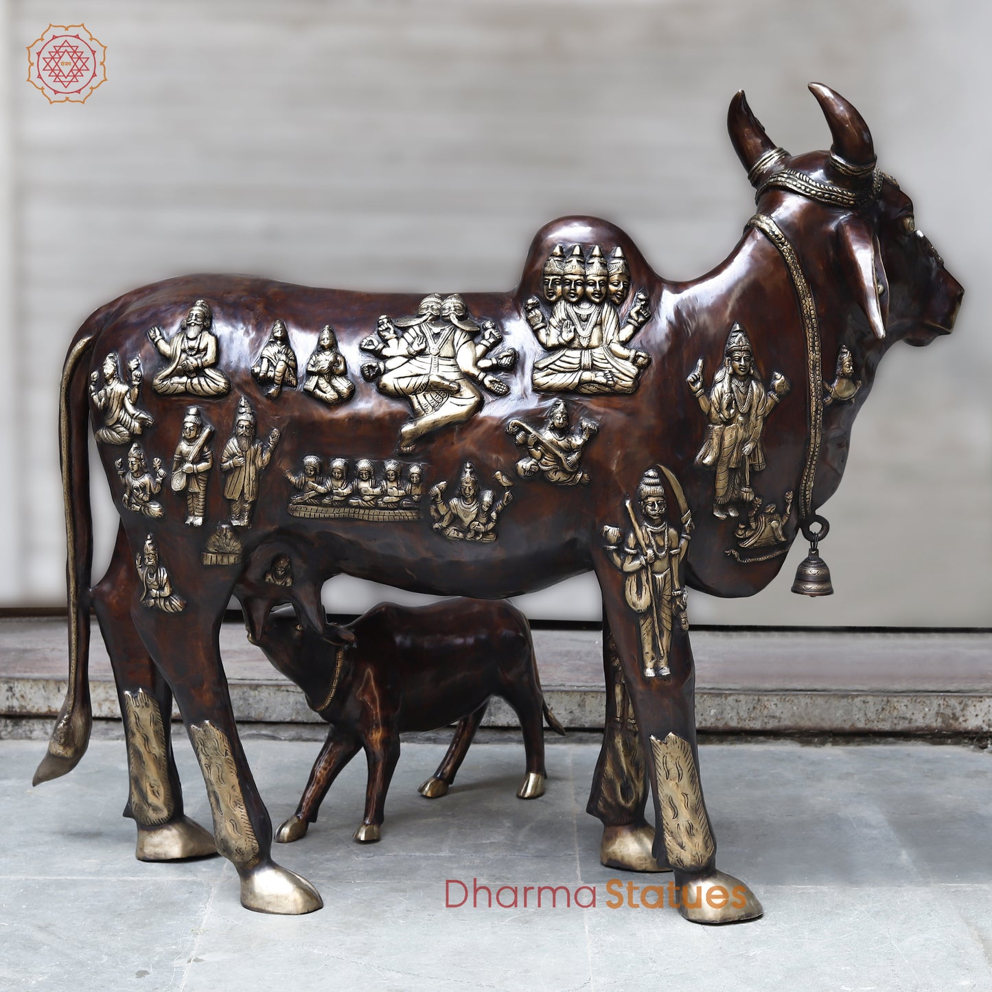 Brass Kamadhenu Cow with Calf, Copper & Golden Finish, 50"