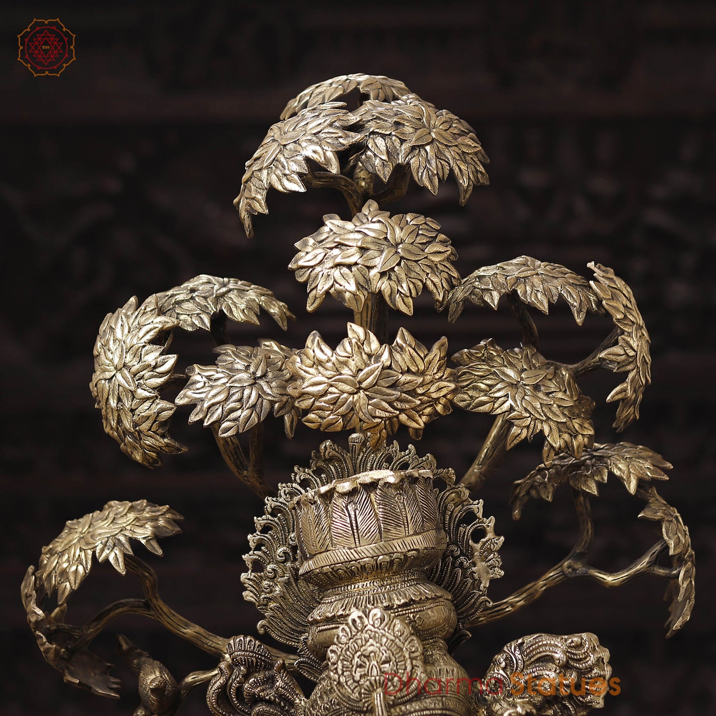 Brass Krishna Statue Standing Under Tree, Golden & Black Patina Finish, 56.5"