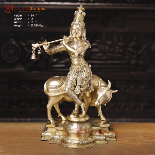 Brass Cow Krishna, Lord Krishna Standing on a Beautiful Platform 26" Front View