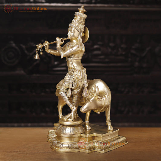 Brass Lord Krishna Statue with Cow, Golden Finish, 26"