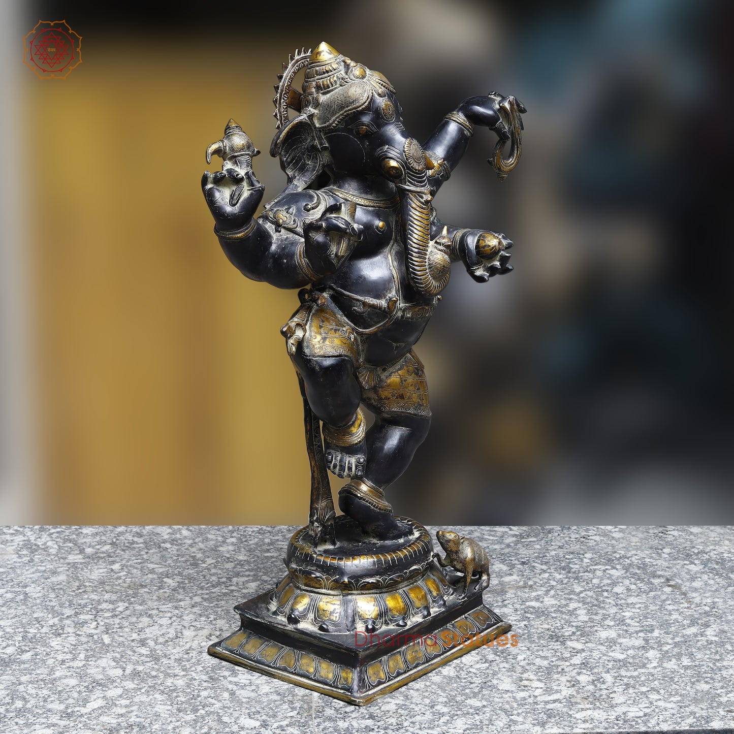 Brass Ganesh Dancing, Black Patina & Golden Finish, 42"