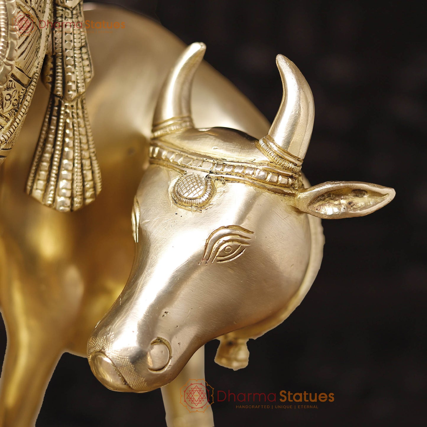 Brass Lord Krishna Statue with Cow, Golden Finish, 26"