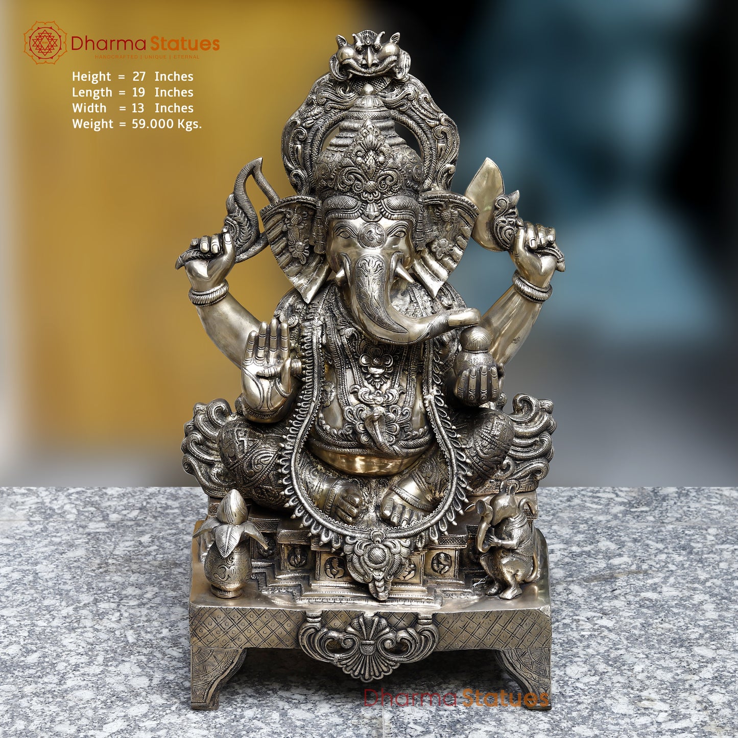 Brass Ganesh seated in Blessing Posture, Fine Golden Finish, 27"