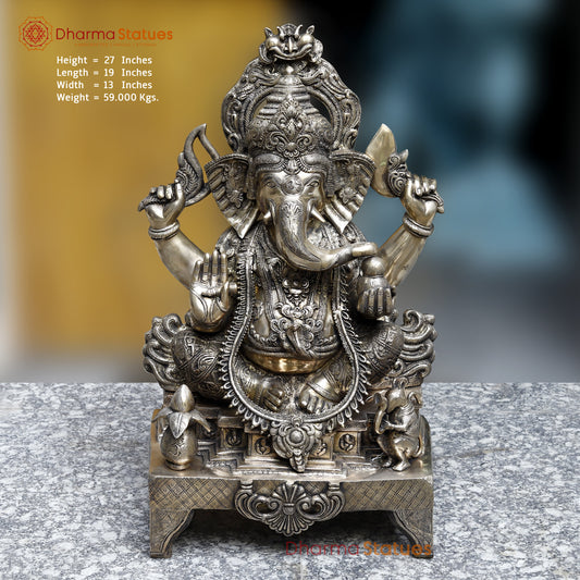 Brass Ganesh seated in Blessing Posture, Fine Golden Finish, 27"