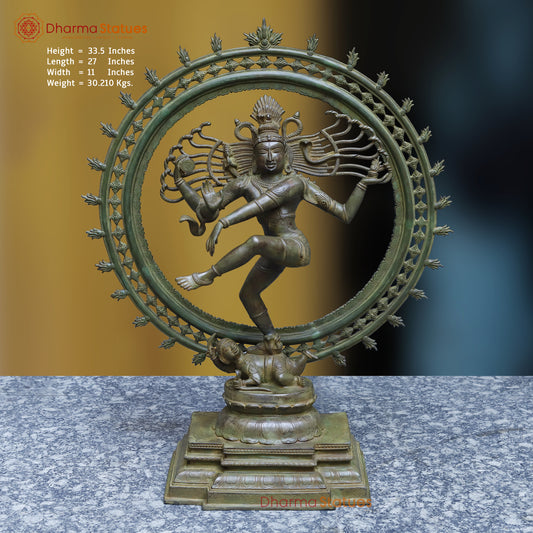 Brass Nataraja in Dancing Posture, Antique Green Finish, 33.5"