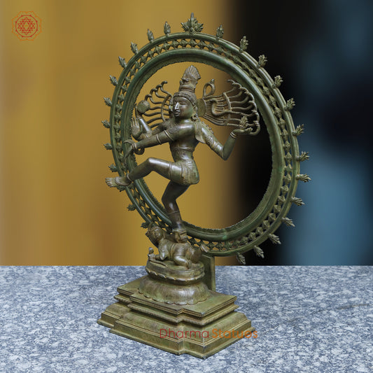 Brass Nataraja in Dancing Posture, Antique Green Finish, 33.5"