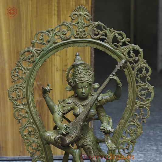 Brass Dancing Saraswati with Frame, Antique Green Finish, 32"