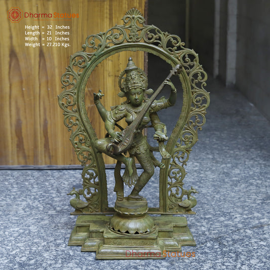 Brass Dancing Saraswati with Frame, Antique Green Finish, 32"