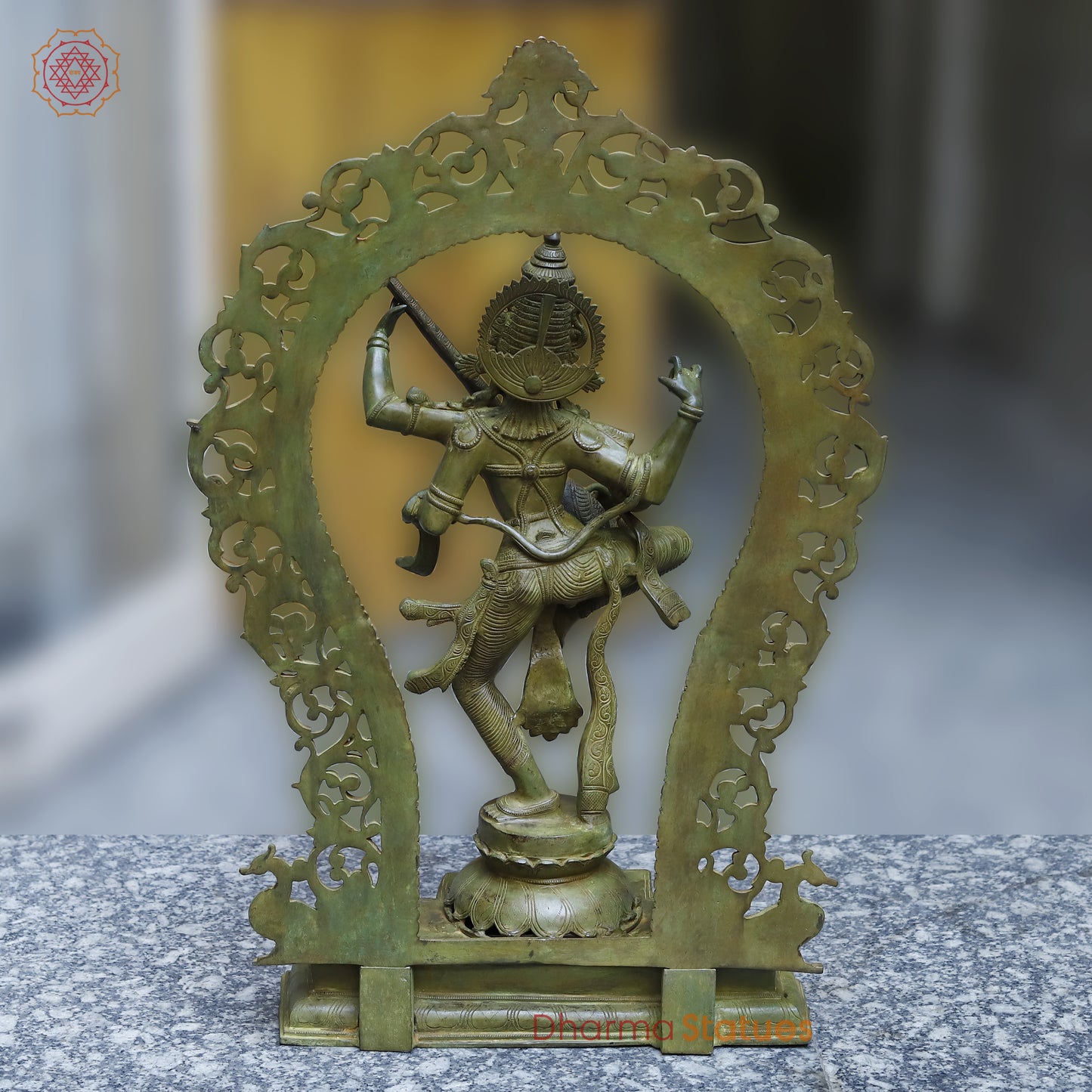 Brass Dancing Saraswati with Frame, Antique Green Finish, 32"