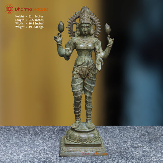 Brass Lakshmi in Blessing Posture, Antique Green Finish, 51"