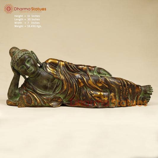 Brass Buddha in Resting Posture, Antique & Golden Finish, 11"