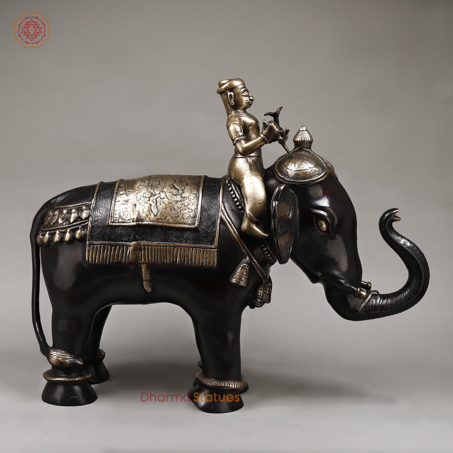 Brass Elephant with Rider, Black Patina & Golden Finish, 24"