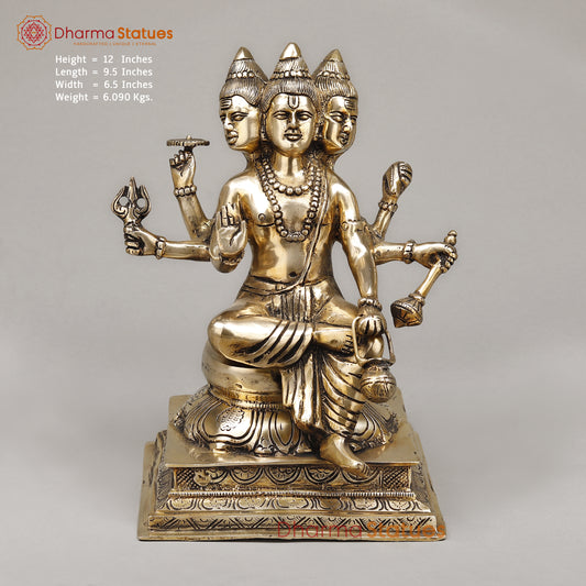 Brass Dattatreya seated, Golden Finish, 12"