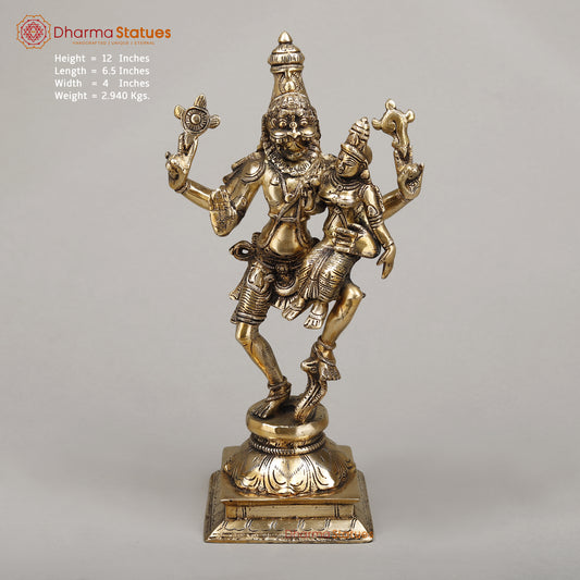 Brass Narasimha With Lakshmi, Crushed The Snake, Golden Finish, 12"