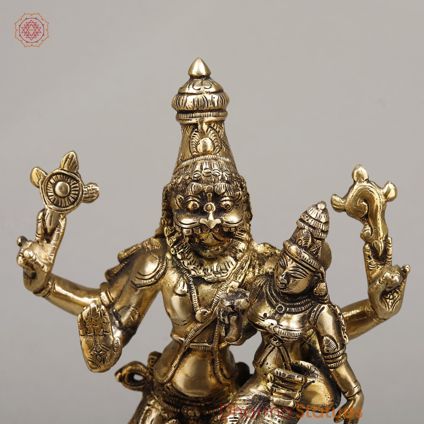 Brass Narasimha With Lakshmi, Crushed The Snake, Golden Finish, 12"