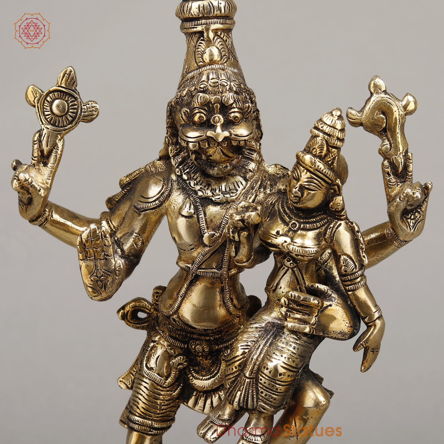 Brass Narasimha With Lakshmi, Crushed The Snake, Golden Finish, 12"