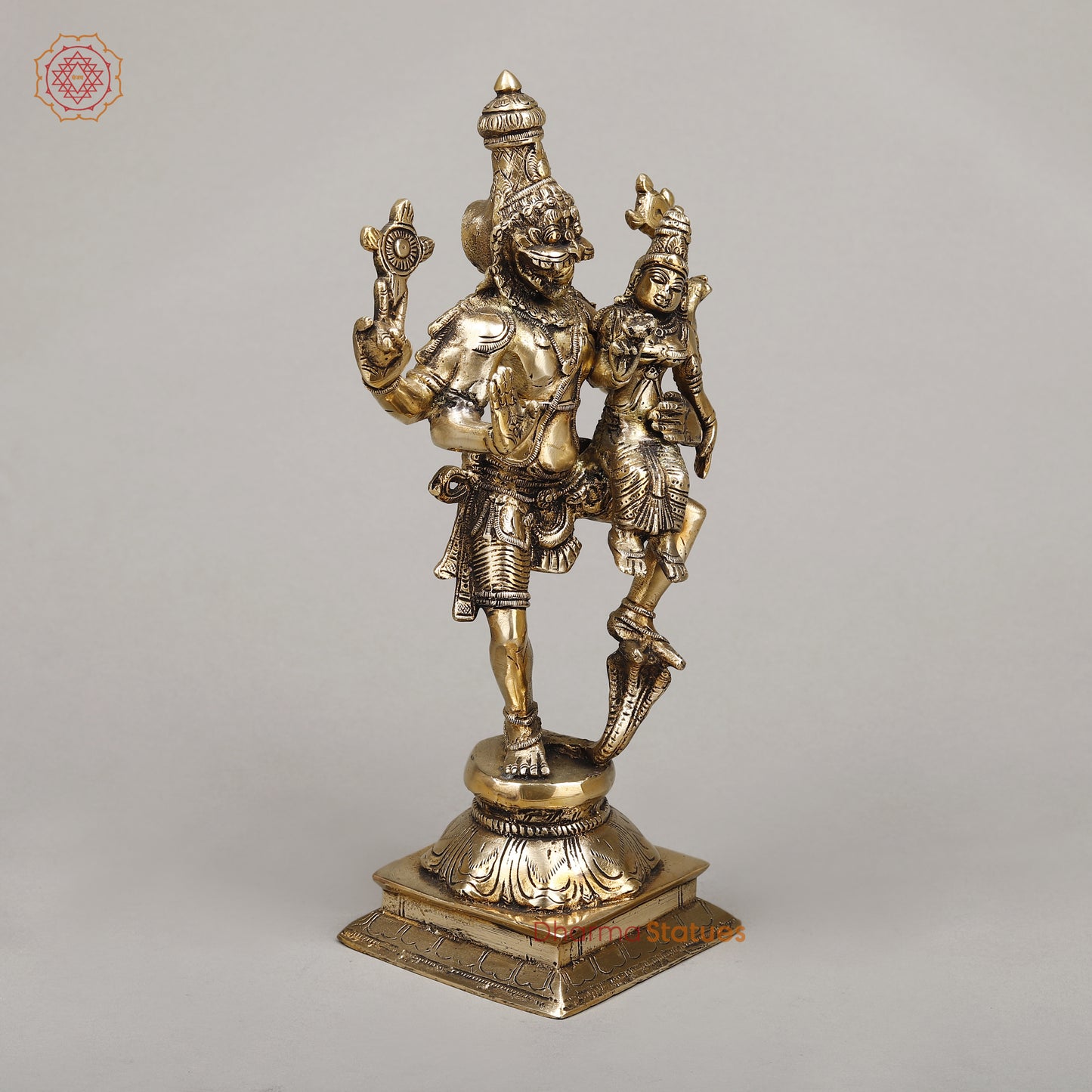 Brass Narasimha With Lakshmi, Crushed The Snake, Golden Finish, 12"