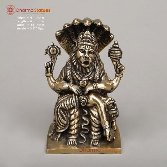 Brass Narasimha, Killing Hiranyakashipu On Throne with Sheshnaag, Fine Golden Finish, 9"