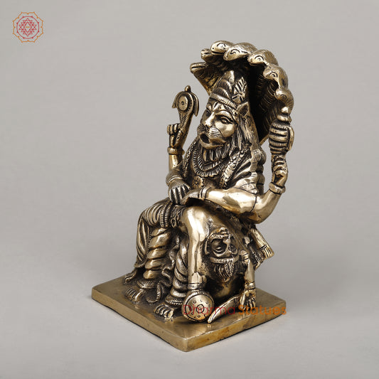 Brass Narasimha, Killing Hiranyakashipu On Throne with Sheshnaag, Fine Golden Finish, 9"