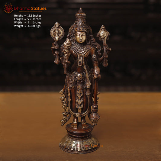 Brass Vishnu Standing On lotus, Antique Finish 12.5"