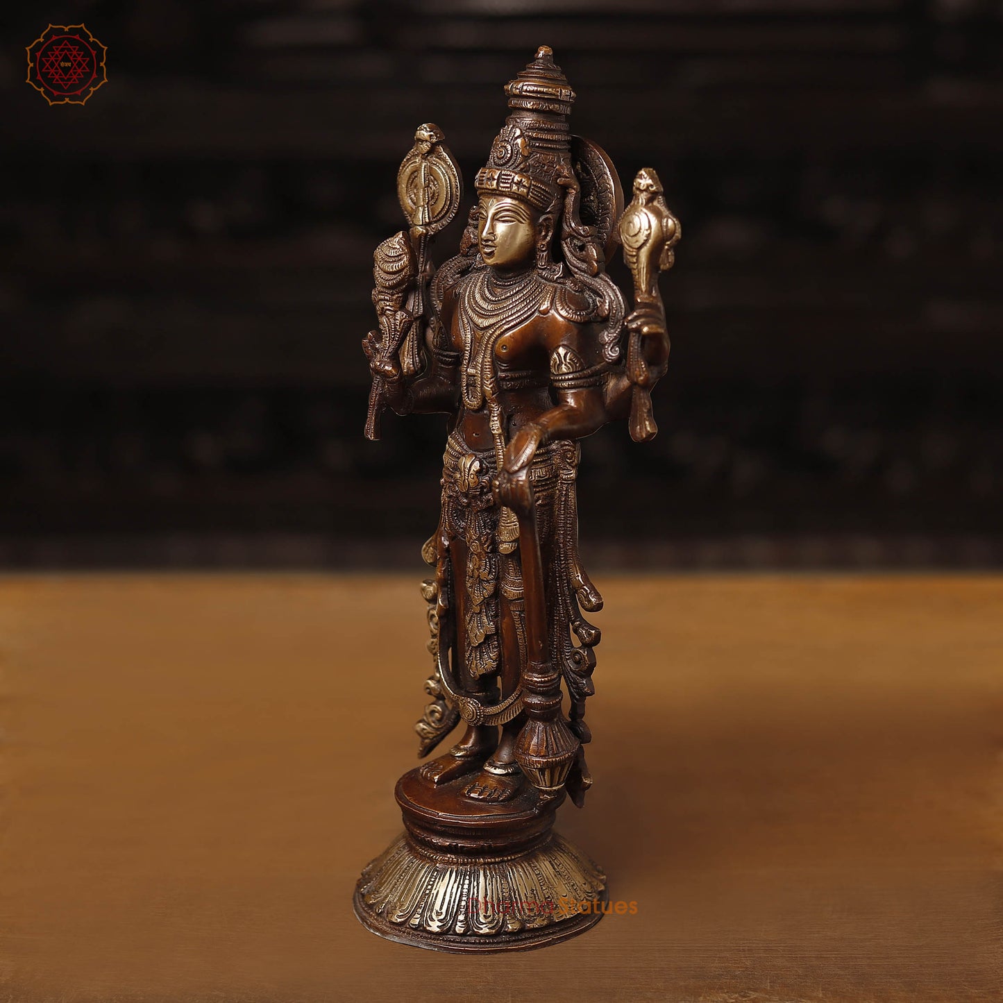 Brass Vishnu Standing On lotus, Antique Finish 12.5"