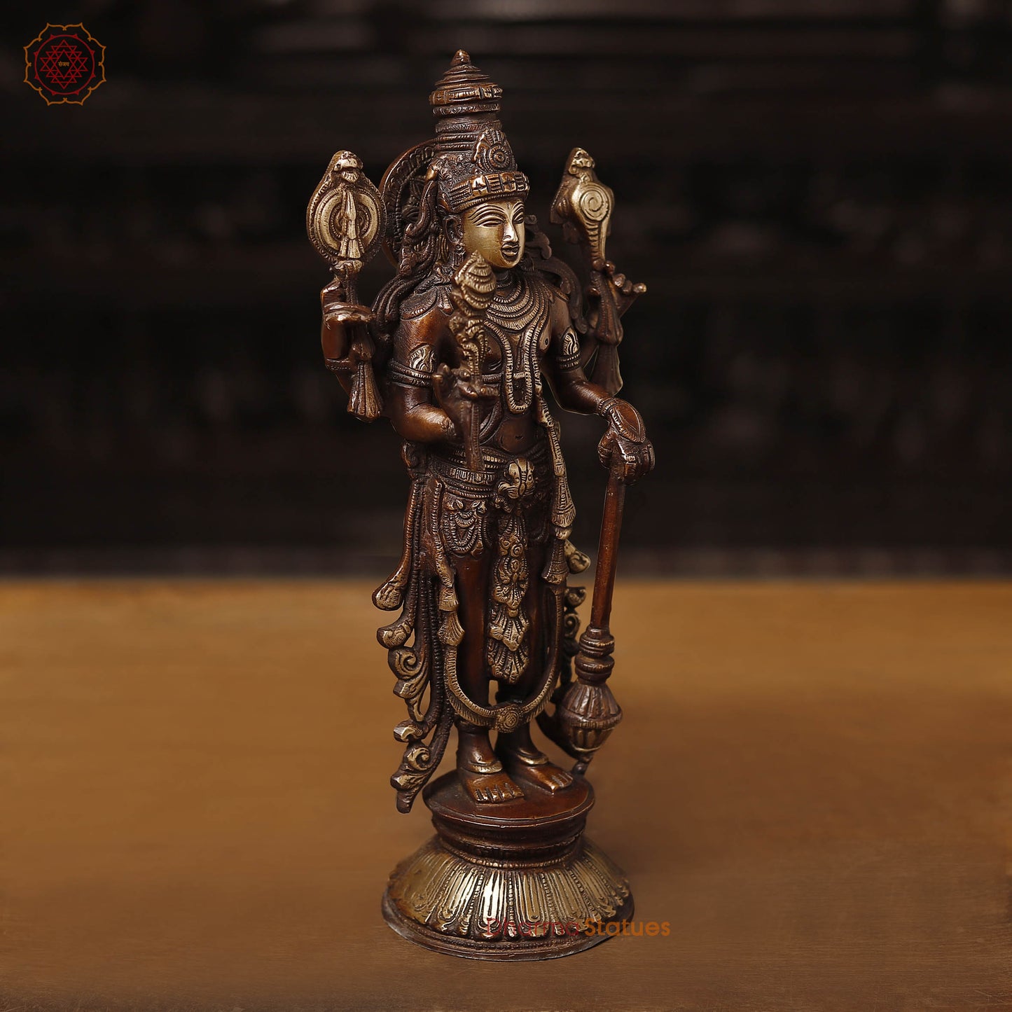 Brass Vishnu Standing On lotus, Antique Finish 12.5"