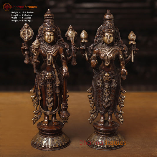 Brass Vishnu Lakshmi Idol, Fine Copper & Golden Finish, 12.5"