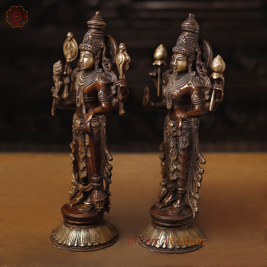 Brass Vishnu Lakshmi Idol, Fine Copper & Golden Finish, 12.5"